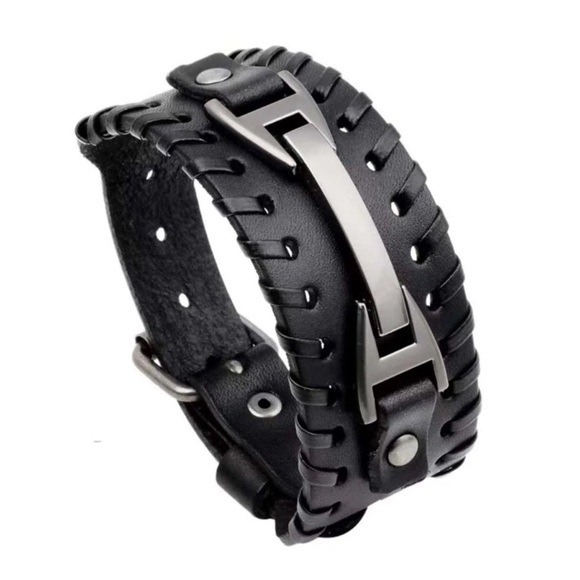 Other - Men Black Retro Wide Leather Belt Buckle Bracelet